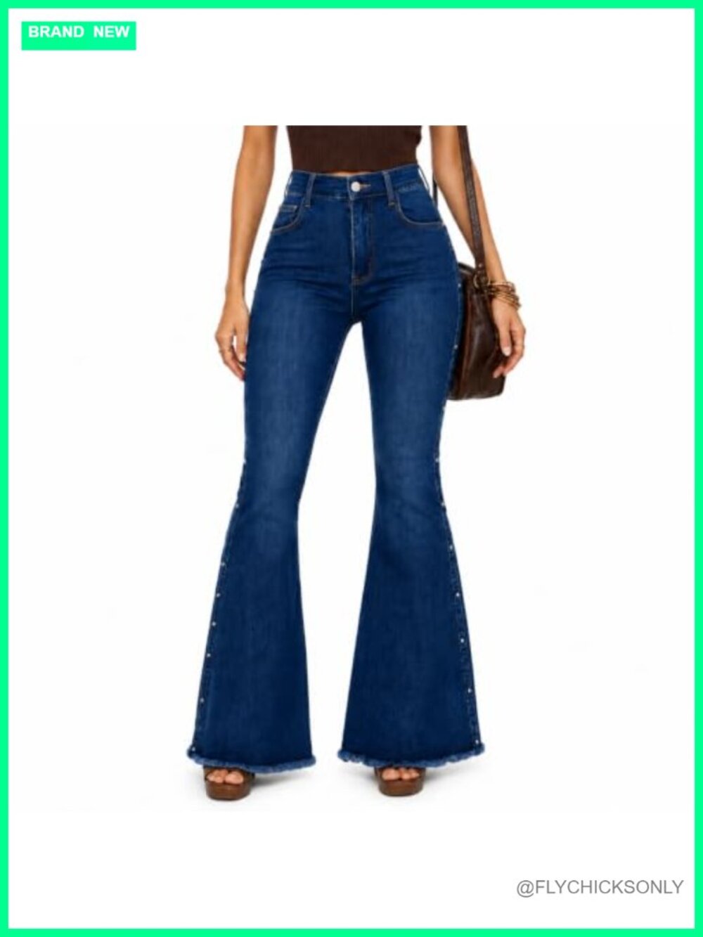 High Waisted Bell Bottom Jeans Stretch Denim Frayed Hem Flare